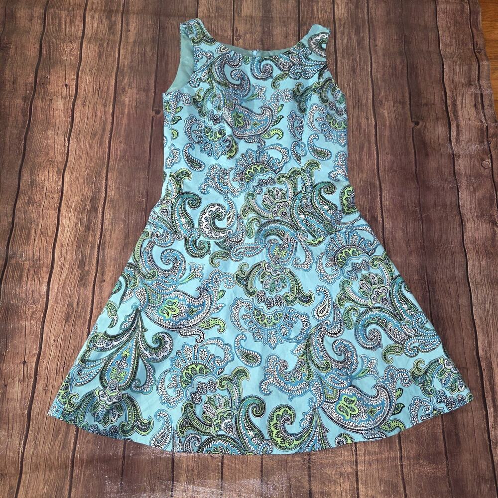Brooks Brothers Womens 8 Blue Green Paisley Linen Blend Fit & Flare Lined
